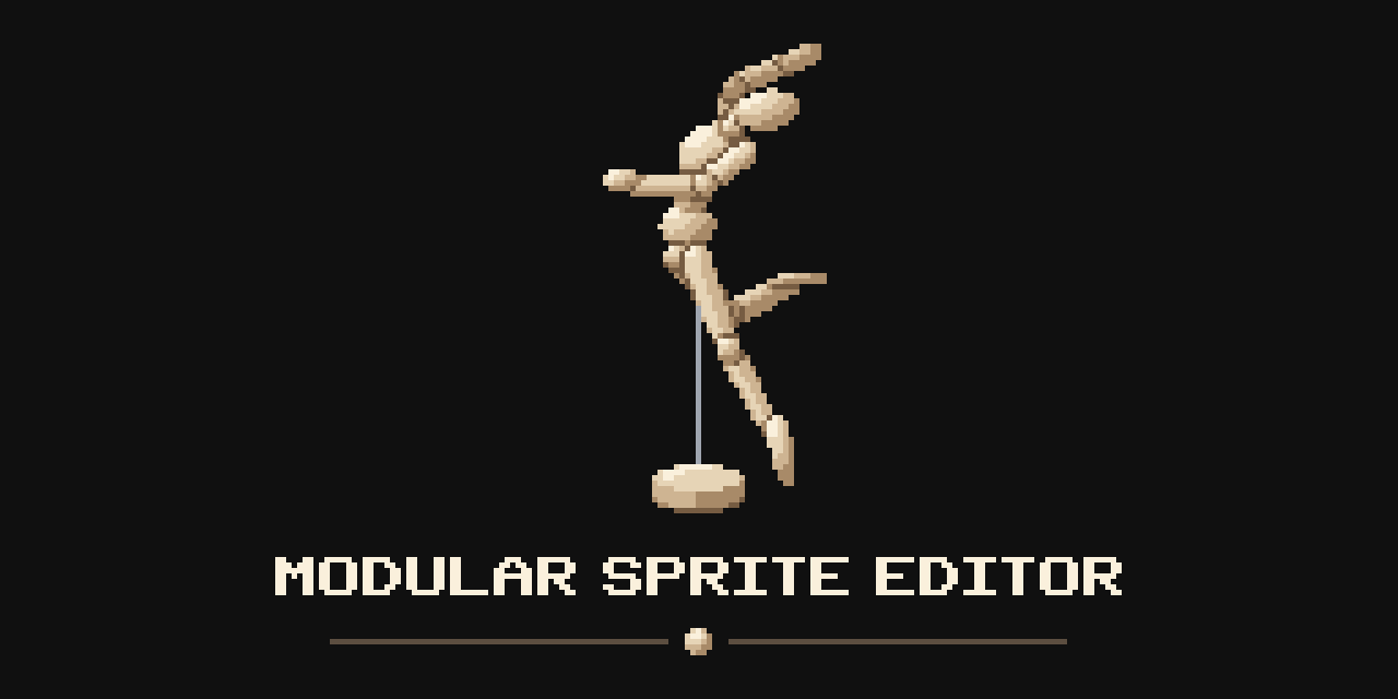 Modular Sprite Editor logo, a pixel-art wooden mannequin leaping on its stand